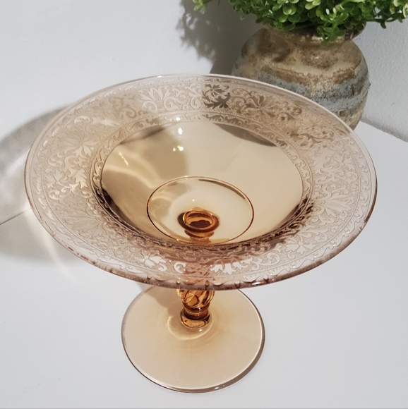 Vintage Fostoria Royal Etched Amber Glass Compote - Picture 1 of 8